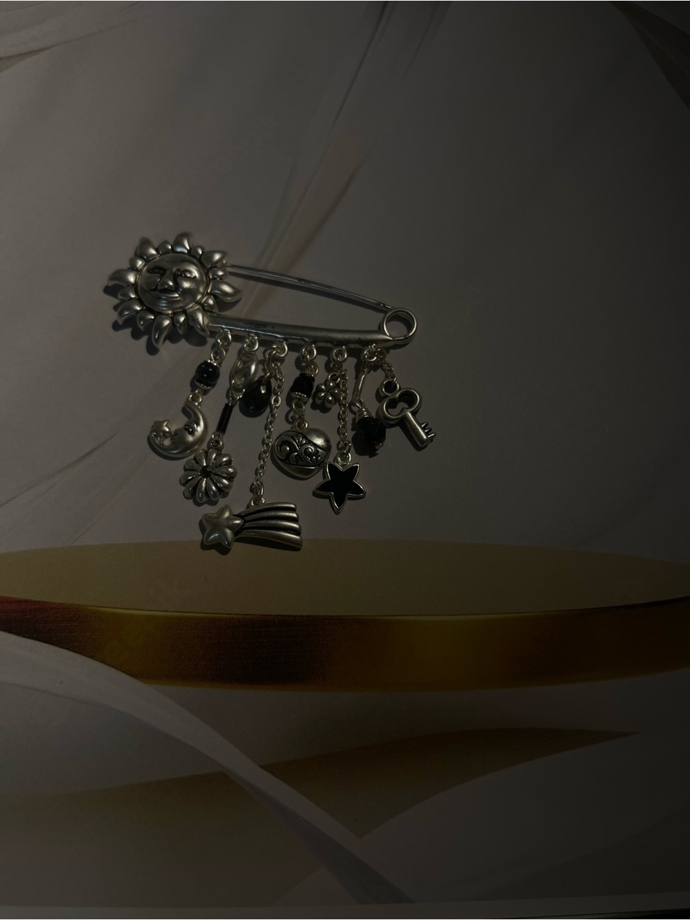 Silver Sun & Charm Safety Pin Brooch - Silver